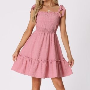 Nwt Allegra K Pink Tie Strap Smocked Waist Dress